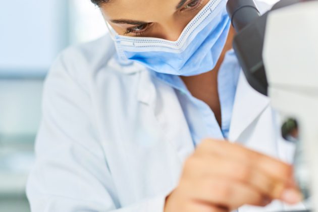 Virus,,Woman,And,Scientist,With,Mask,For,Microscope,,Clinical,Trial